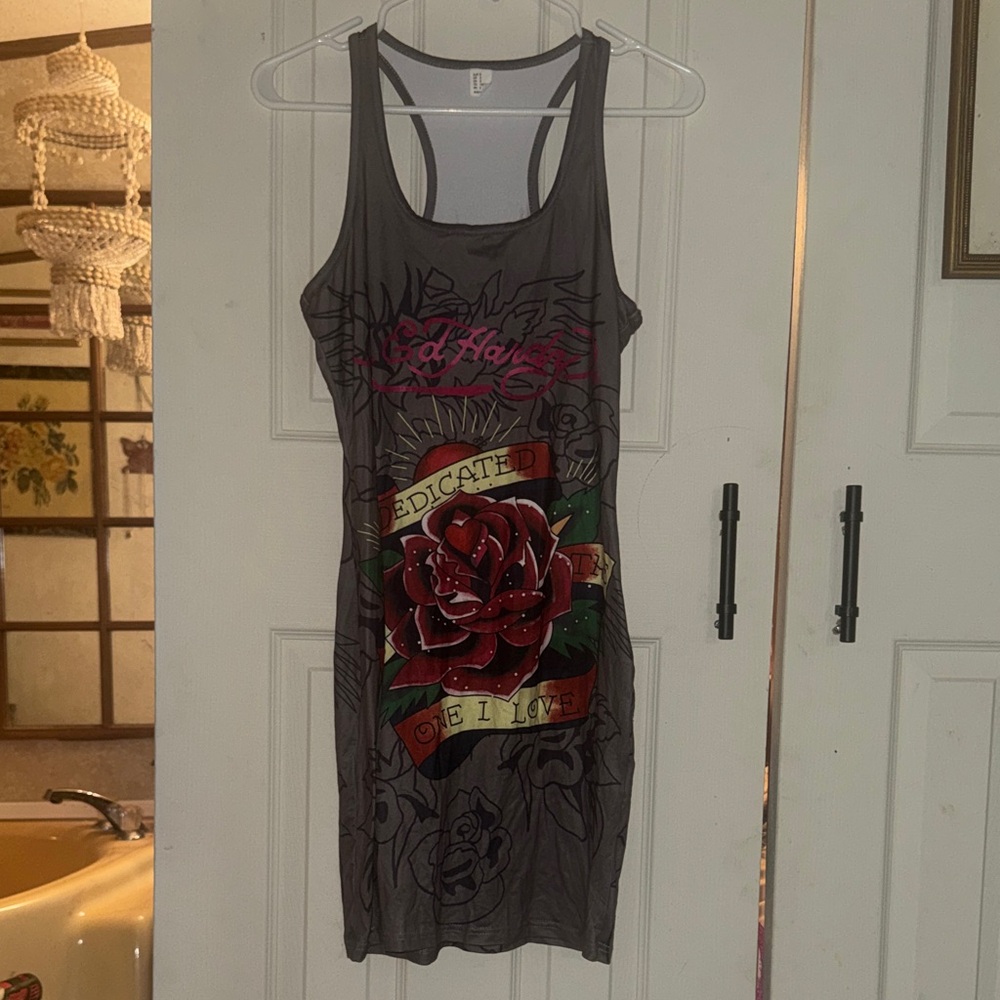 Ed Hardy Charcoal Dress with Vibrant Red Rose
